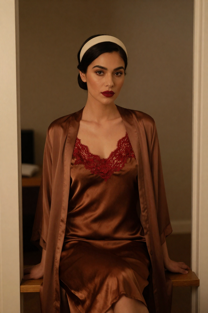 Editorial boudoir photograph of a fictional adult woman, 29 years old, dark hair in a low